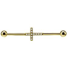 Gold Steel Industrial Barbell - Cubic Zirconia Cross