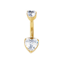 Gold Titanium Double Jewelled Belly Ring Heart Cubic Zirconia