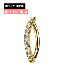 Gold Titanium Belly 'D' Ring - Square Set Cubic Zirconia - 14 Gauge - 10mm