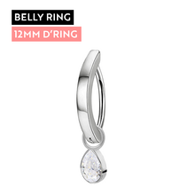 Titanium Belly 'D' Ring - Cubic Zirconia Pear Charm - 14 Gauge - 12mm
