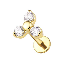 Gold Titanium 4mm Premium Zirconia Trinity - Threadless 18G - 7mm Flatback Stud