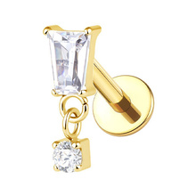 Gold Titanium 8mm Cubic Zirc Baguette & Square Charm - Threadless 18G - 7mm Post