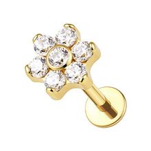 Gold Titanium 5mm Premium Zirconia Flower - Threadless 18G - 7mm Flatback Stud