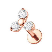 Rose Gold Titanium 3.5mm Premium Zirconia Trinity - Threadless 18G - 7mm Flatback Stud