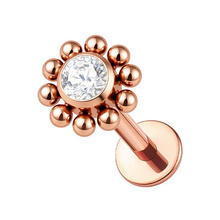 Rose Gold Titanium Prem Zirc. 4mm Ball Flower Cluster - Threadless 18G - 7mm Flatback Stud