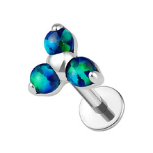 Titanium - Lab Created 4mm Emerald Black Opal Trinity - Threadless 18G - 7mm Flatback Stud