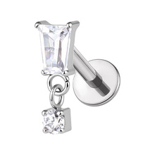 Titanium Tapered Baguette & 8mm Cubic Zirconia Square Charm - Threadless 18G - 7mm Flatback Stud