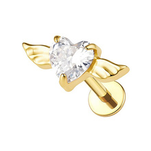 Gold Titanium Heart & Wings Cubic Zirconia - Threadless 18G - 7mm Flatback Stud