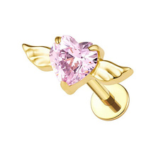 Gold Titanium Heart & Wings  Pink Cubic Zirconia - Threadless 18G - 7mm Flatback Stud