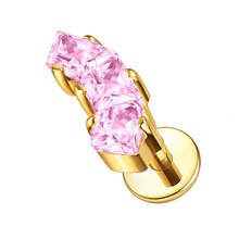 Gold Titanium Square Trio Pink Cubic Zirconia - Threadless 18G - 7mm Flatback Stud 