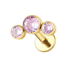 Gold Titanium Bezel Set Trio Pink Cubic Zirconia - Threadless 18G - 7mm Flatback Stud 