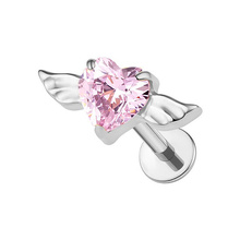  Titanium Heart & Wings Pink Cubic Zirconia - Threadless 18G - 7mm Flatback Stud 