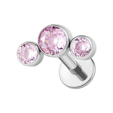  Titanium Bezel Set Trio Pink Cubic Zirconia - Threadless 18G - 7mm Flatback Stud 