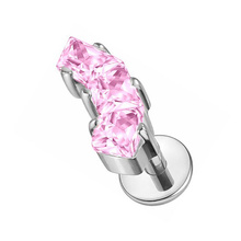 Titanium Square Trio Pink Cubic Zirconia - Threadless 18G - 7mm Flatback Stud 