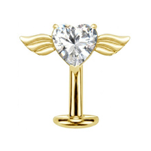 Gold Titanium Heart & Wings Cubic Zirconia -Threadless 14G - 10mm Floating Navel