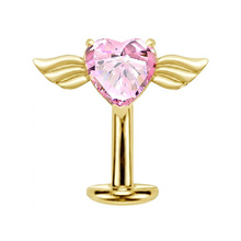 Gold Titanium Heart & Wings  Pink Cubic Zirconia - Threadless 14G - 10mm Floating Navel