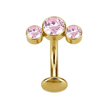 Gold Titanium Bezel Set Trio Pink Cubic Zirconia - Threadless 14G - 10mm Floating Navel