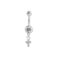 Surgical Steel Belly Bar - Crystal Jewelled Cross Charm 14 Gauge - 10mm