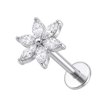 Titanium - Cubic Zirconia Marquise Flower - Threadless 18G - 7mm Flatback Stud