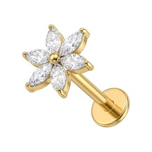 Gold Titanium - Cubic Zirconia Marquise Flower - Threadless 18G - 7mm Flatback Stud