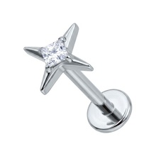 Titanium - Cubic Zirconia Four Pointed Star - Threadless 18G - 7mm Flatback Stud