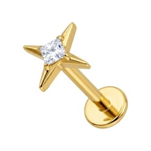 Gold Titanium - Cubic Zirconia Four Pointed Star - Threadless 18G - 7mm Flatback Stud