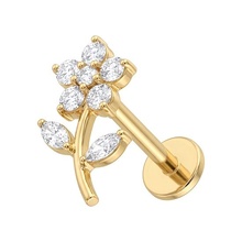 Gold Titanium - Cubic Zirconia Flower Stem - Threadless 18G - 7mm Flatback Stud