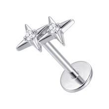 Titanium - Cubic Zirconia Diamond Dual Star  - Threadless 18G - 7mm Flatback Stud