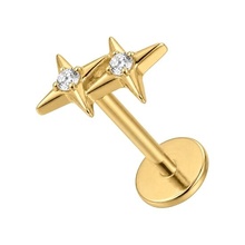 Gold Titanium - Cubic Zirconia Diamond Dual Star - Threadless 18G - 7mm Flatback Stud