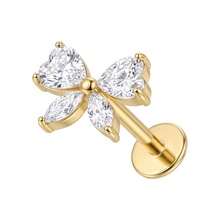 Gold Titanium - Cubic Zirconia Crystal Bow  - Threadless 18G - 7mm Flatback Stud