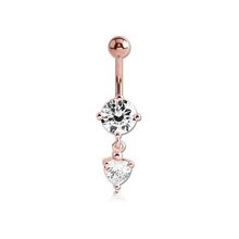 Rose Gold Steel Belly Banana Bar - Heart Shaped and Round Cubic Zirconia 14 Gauge - 10mm