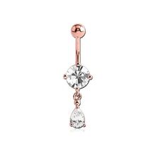 Rose Gold Steel Belly Banana Bar - Pear and Round Cubic Zirconia 14 Gauge - 10mm